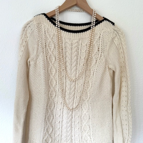 J Crew Cream Boatneck Cable Knit Sweater with Black Trim - Picture 3 of 6